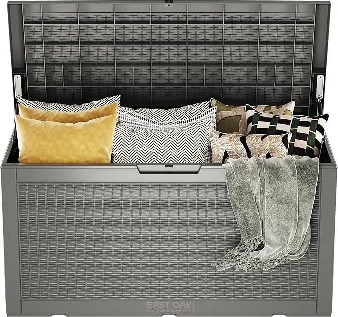EAST OAK Outdoor Storage Box, 100 Gallon Deck Box, Waterproof Resin Storage Bench for Patio Cushions, Gardening Tools, Pool Accessories, Lockable, UV Resistant, Grey by GreenHaven Gardens