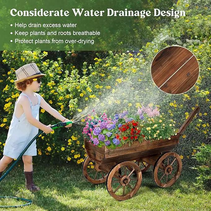 Wood Wagon Planter for Outdoor Balcony Decor - Garden Rustic Wooden Flower Cart with Wheels for Outside Garden Decor Wheelbarrow Planter for Patio by GreenHaven Gardens