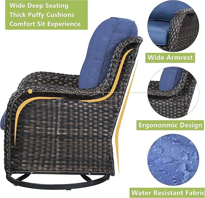 Outdoor Patio Swivel Rocker Chairs - Wicker Rattan Patio Swivel Rocking Chairs Set of 2 with High Back,Deep Seating and Comfort Cushions for Deck Porch Garden,Brown/Blue by GreenHaven Gardens