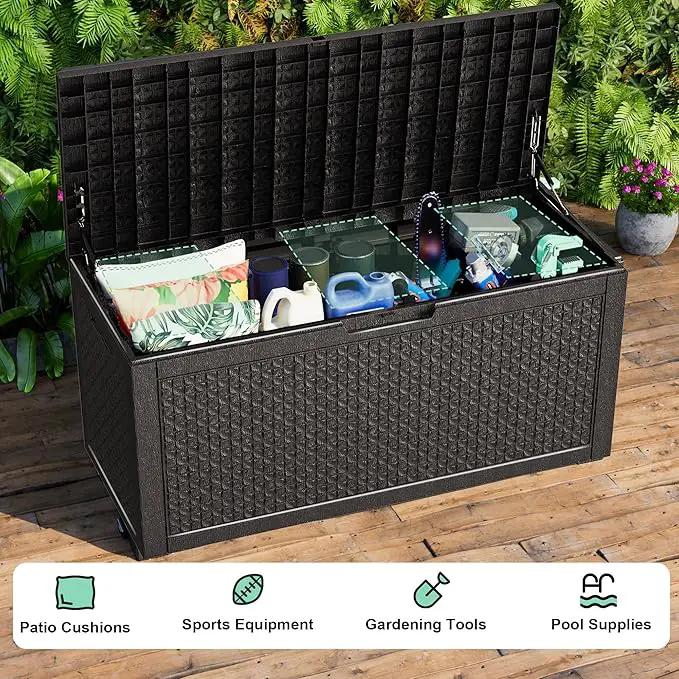 100 Gallon Resin Deck Box, Lockable Outdoor Storage Box for Patio Cushions Storage Furniture,Garden Tools, Pool Supplies, Weatherproof and UV Resistant（Black L） by GreenHaven Gardens