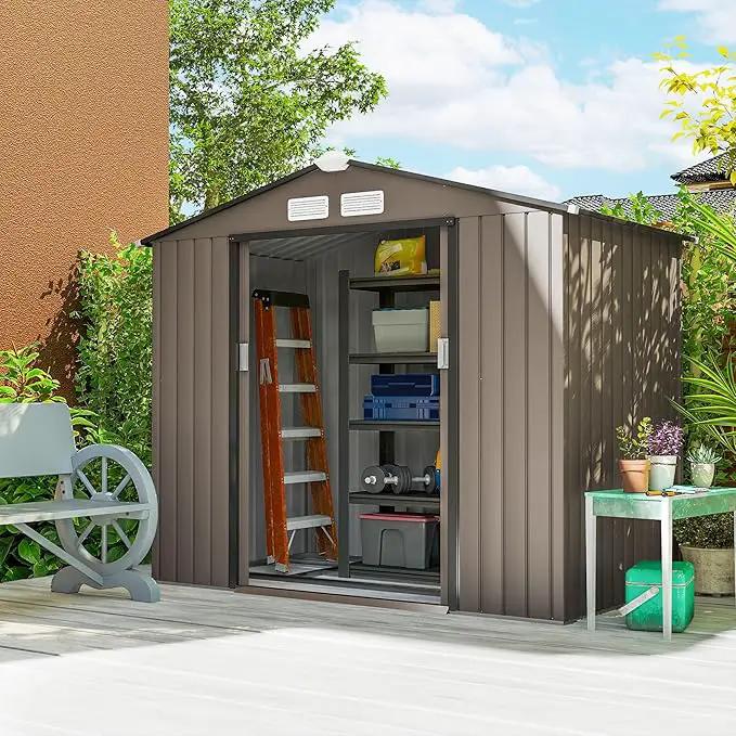 Outsunny 7' x 4' Outdoor Storage Shed, Garden Tool Metal Shed with Foundation Kit, Double Lockable Door, Air Vents and Sloping Roof, for Backyard, Patio, Lawn, Brown by GreenHaven Gardens