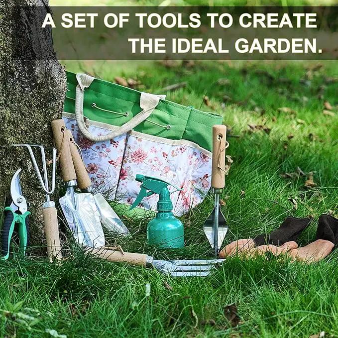 Gardening Tools of 9 Pieces | Stainless Steel Heavy-Duty Gardening Hand Tools with a Delicate and Durable Storage Bag and Anti-Slip Rubber Gloves | Garden Tools Make Ideal Gardening Gifts for Women by GreenHaven Gardens