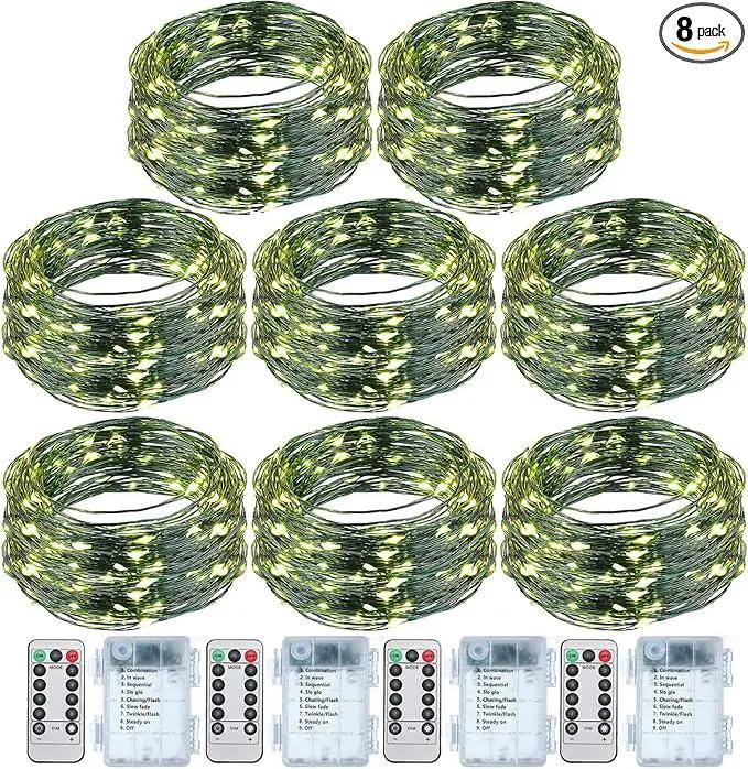 8 Pcs Battery Operated String Lights Outdoor String Lights 33 ft 100 LED Warm White Wire Green Battery Operated Fairy Lights with 8 Modes for Christmas Garden Patio Tree Decorations(8 Pcs,33 ft) by GreenHaven Gardens