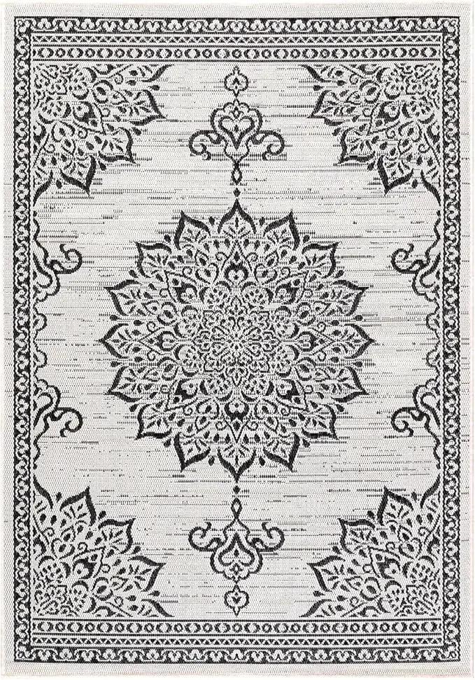 CAMILSON Outdoor Rug, 8x10 Medallion White Black Modern Area Rugs for Indoor and Outdoor Patios, Kitchen and Hallway Mats, Washable Porch Deck Outside Carpet (Medallion White, 8 x 10) by GreenHaven Gardens