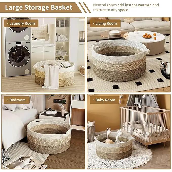 125L Extra Large Blanket Basket, 25" x 16", Jumbo Laundry Woven Basket Decorative Home, Cotton Rope Basket with Handles, Baby Toy Basket for Storage, Gradual Brown, 2PC by GreenHaven Gardens