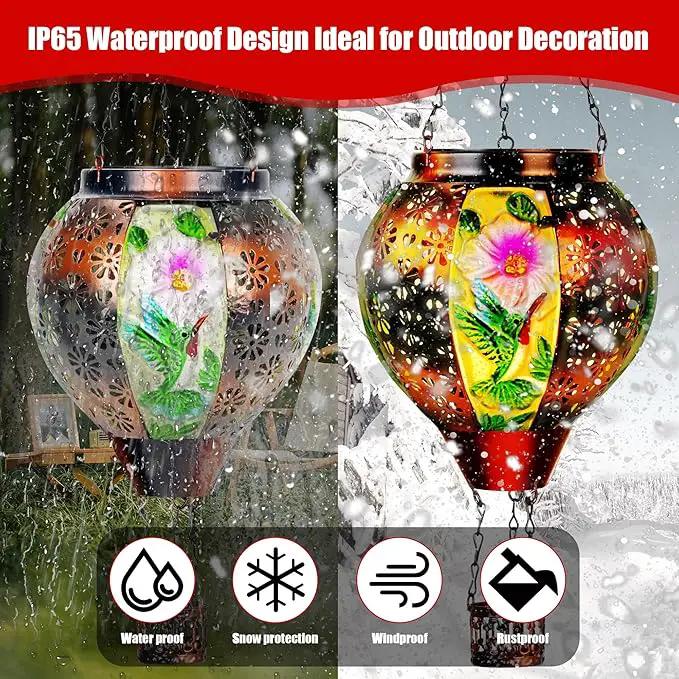 2 Pcs Hummingbird Solar Hot Air Balloon Lantern with Flame, Hot Air Balloon Decorations for Yard Porch Decor, Glass Large Hanging Outdoor Decor, Solar Lantern Waterproof, Hummingbird Gardening Gifts by GreenHaven Gardens