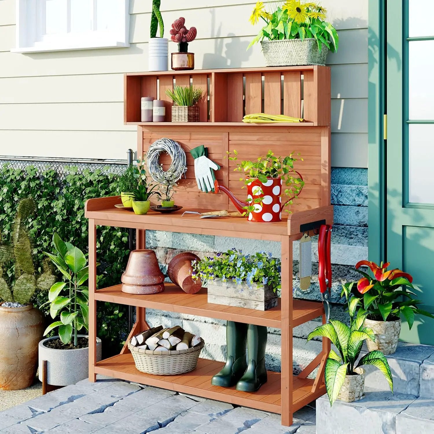 Merax 65" Large Wooden Farmhouse Rustic Outdoor Potting Bench Table with 4 Storage Shelves and Side Hook, Patio Workstation, for Garden, Backyard, Natural by GreenHaven Gardens