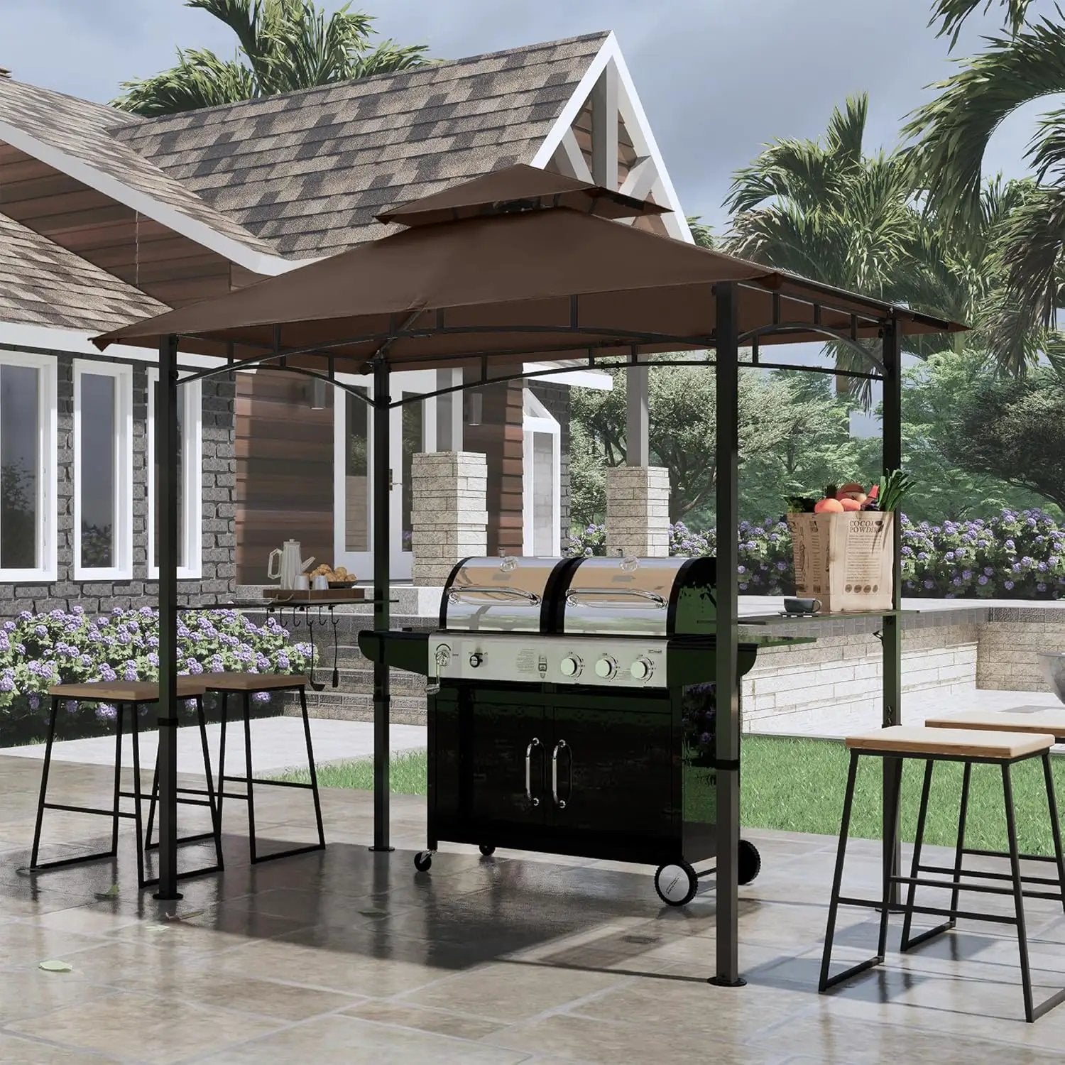 COOSHADE 8'x 5' Grill Gazebo Double Tiered Outdoor BBQ Gazebo Canopy with LED Light (Brown) by GreenHaven Gardens