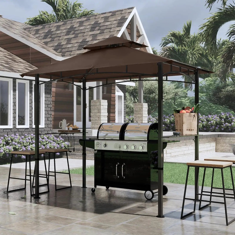 COOSHADE 8'x 5' Grill Gazebo Double Tiered Outdoor BBQ Gazebo Canopy with LED Light (Brown) by GreenHaven Gardens
