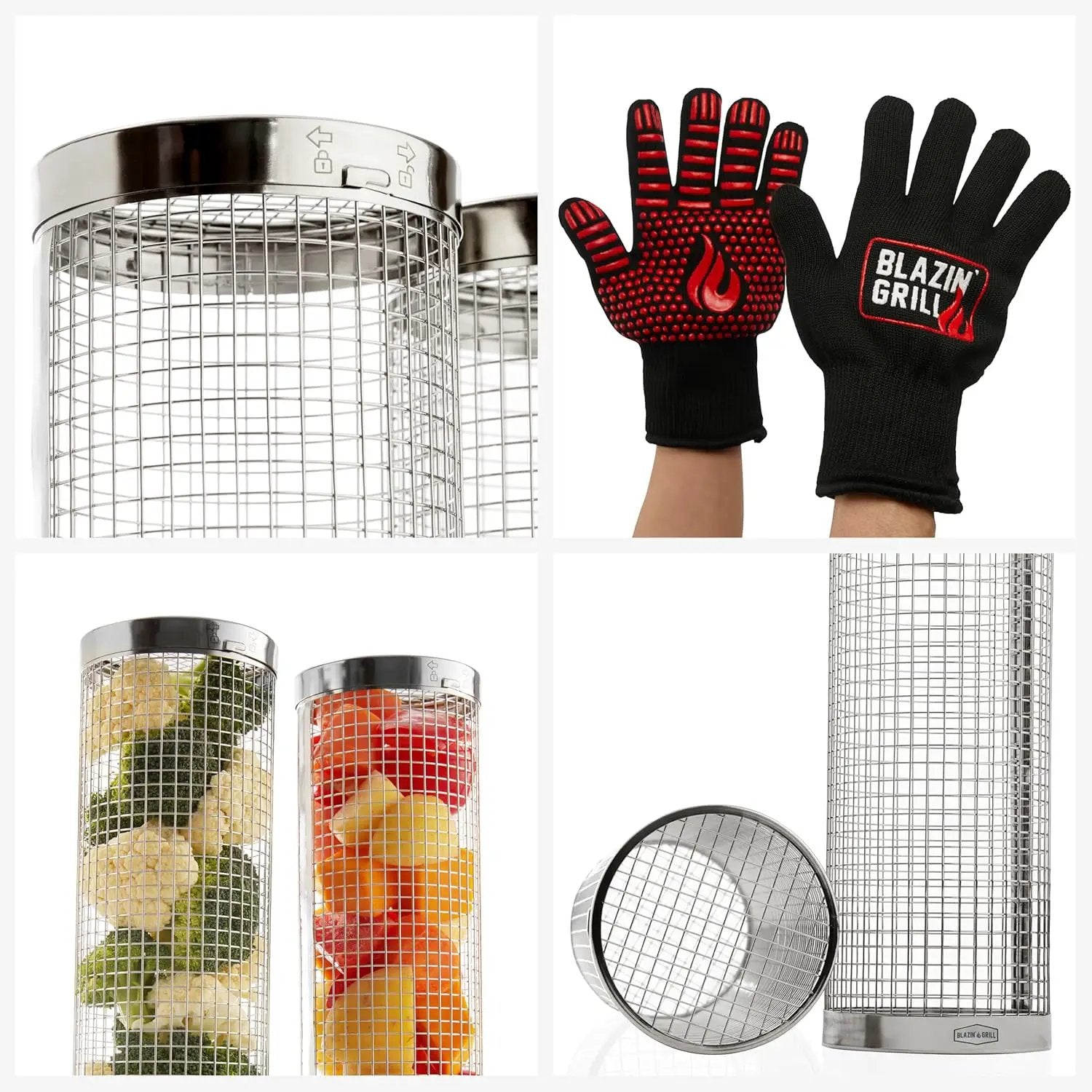 BLAZIN' GRILL Rolling Grill Basket | Rolling Grilling Baskets for Outdoor Grilling 2 Pcs | Barbecue Grill Set with BBQ Gloves | Portable Camping Net Rack Perfect for Vegetables, Seafood & Meat by GreenHaven Gardens