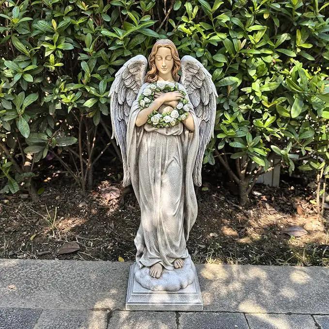 Garden Angel with Flower Wreath Statue - 16" Outdoor Memorial Angel Decor by GreenHaven Gardens
