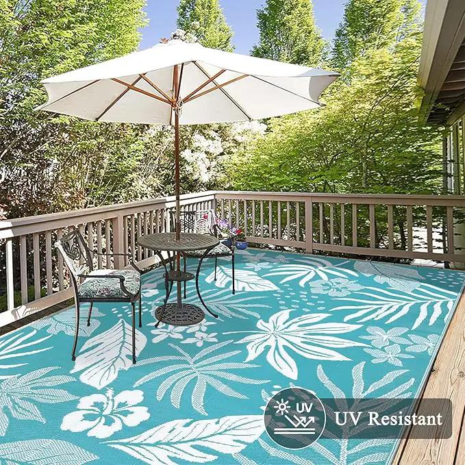 Pauwer Waterproof Outdoor Rug 9x12, Reversible Plastic Straw Patio Camping Rug, Indoor Outdoor RV Mat Carpet for Deck, Camper, Porch, Balcony, Backyard, Picnic, Floral Teal by GreenHaven Gardens