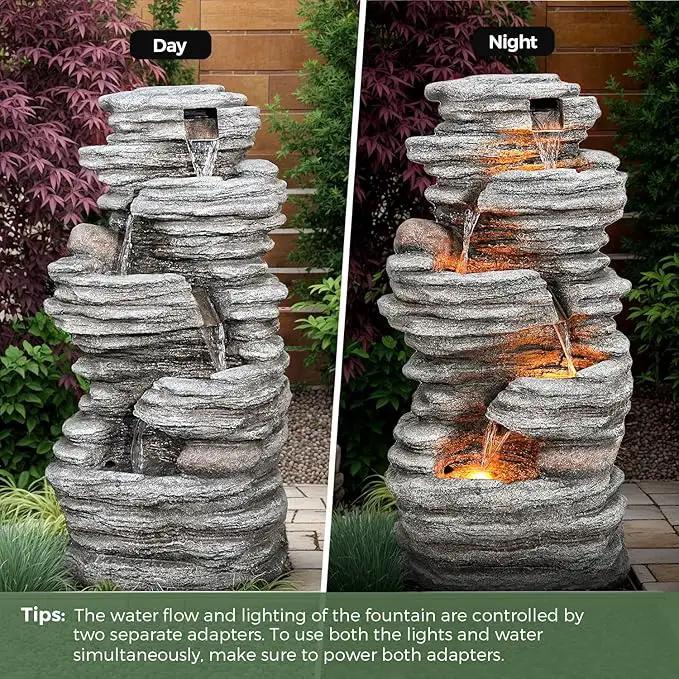 40" Outdoor Water Fountain with LED Lights - 5-Tier Cascading Rock Waterfall Fountain, Natural Rock Look, Ideal for Garden, Landscaping, Patio, Balconies and Yard Decor by GreenHaven Gardens