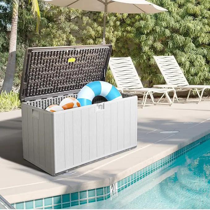 110 Gallon Pro Outdoor Storage Box, Waterproof Resin Deck Box for Patio, Pool, and Garden, Lockable Bin for Cushions, Tools, and Accessories, UV-Resistant, Grayish Brown by GreenHaven Gardens