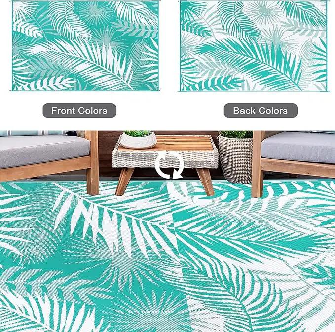 Outdoor Rug 8'x10' Waterproof for Patios Clearance, Reversible Outdoor Plastic Straw Rug Camping Carpet, Outside Floor Mats Large Area Rugs for RV,Patio,Deck,Porch, Beach,Balcony,Teal&White by GreenHaven Gardens