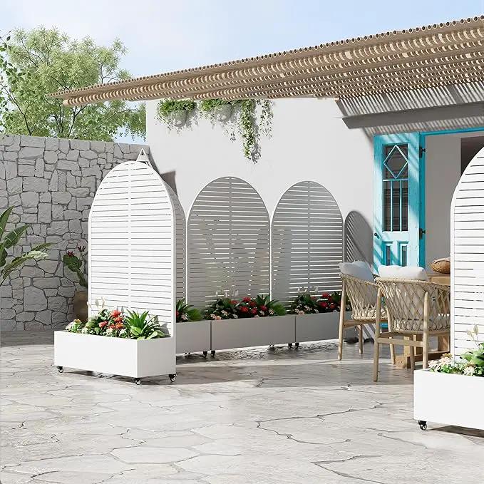 Casaphoria Metal Raised Garden Bed with Trellis and Wheels, 72"x47"x16" Arched Planter Box for Climbing Plants, Vegetables & Vines, Features Drainage Holes and Privacy Screen (White-Louvered) by GreenHaven Gardens