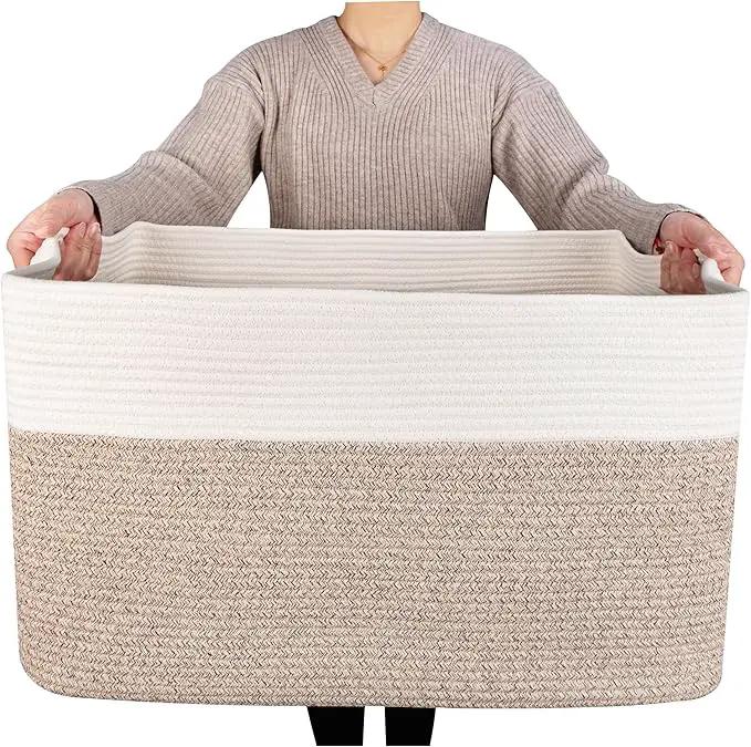 MINTWOOD Design 22in Extra Large Blanket Basket Holder Living Room, Rectangle Rope Woven Storage Basket with Handles for Laundry, Pool Towels, and Shoes, Dog Toy Organizer Bin Box, Light Brown by GreenHaven Gardens