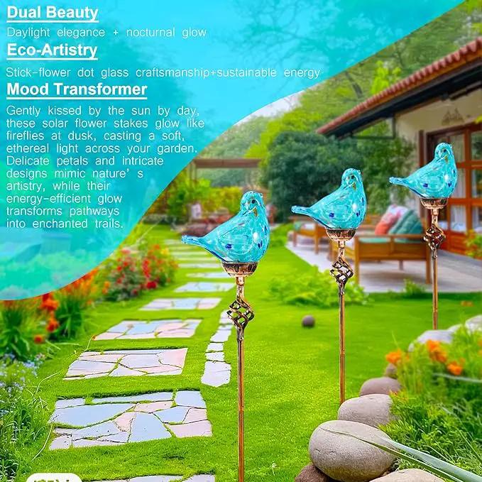 Decorative Solar Lights, Outdoor Solar Bird Stake Lights, Hand Blown Glass Decorative Garden Pathway Lights Outdoor Waterproof Glass Stakes (Light Blue) by GreenHaven Gardens