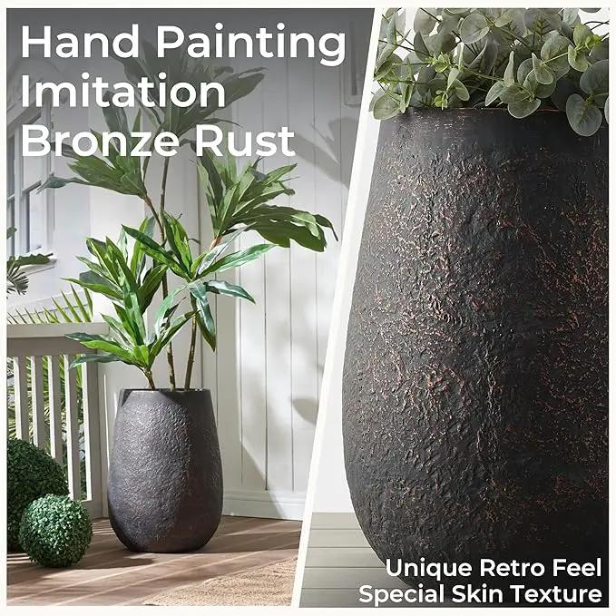 Weathered Concrete 19.7 Inch Tall Planter, Large Decorative Flower Pot with Drainage Hole, Round Plant Container for Home, Garden, Patio, Courtyard, A Dusting of Bronze Rust with Green Tone, 1 Pack by GreenHaven Gardens