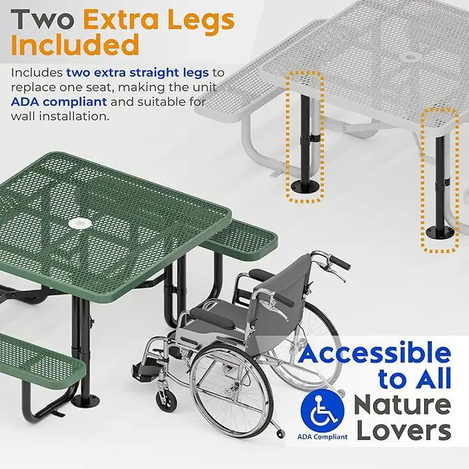 Metal Picnic Tables for Outdoors with Umbrella Hole - Coated Steel Heavy Duty Commercial Grade Table with Adjustable Seats (Green, 46 in, Square, Expanded Steel) by GreenHaven Gardens