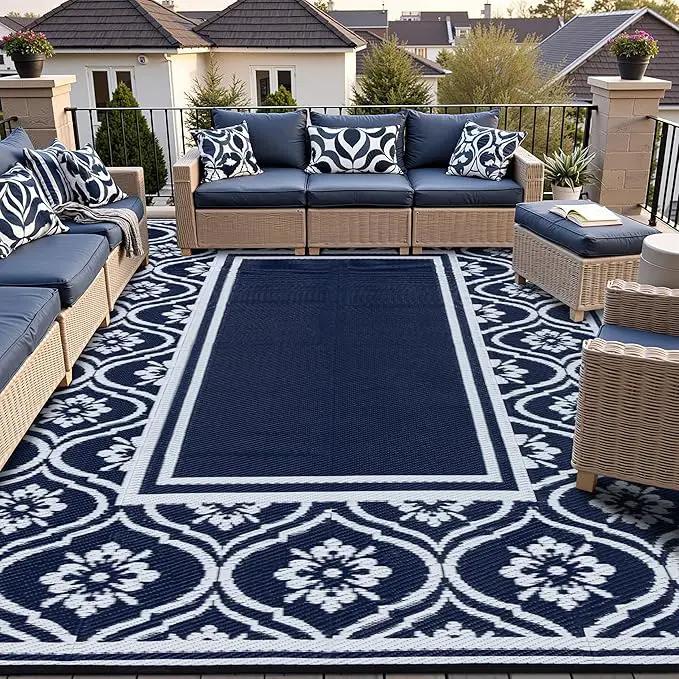 RV Outdoor Rug Waterproof Mat 9'x12' Camping Carpet Blue Outside Area Rugs Reversible Rugs for Deck Entryance Porch Picnic Balcony Beach by GreenHaven Gardens