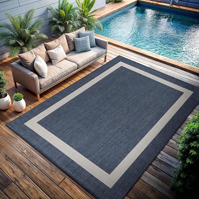 CAMILSON Outdoor Rug 9x12, Large Modern Outside Rugs for Patios Porches Waterproof Durable Washable Non-Shedding, Easy-to-Clean Indoor Outdoor Area Carpet (9 x 12, Bordered - Blue/White) by GreenHaven Gardens