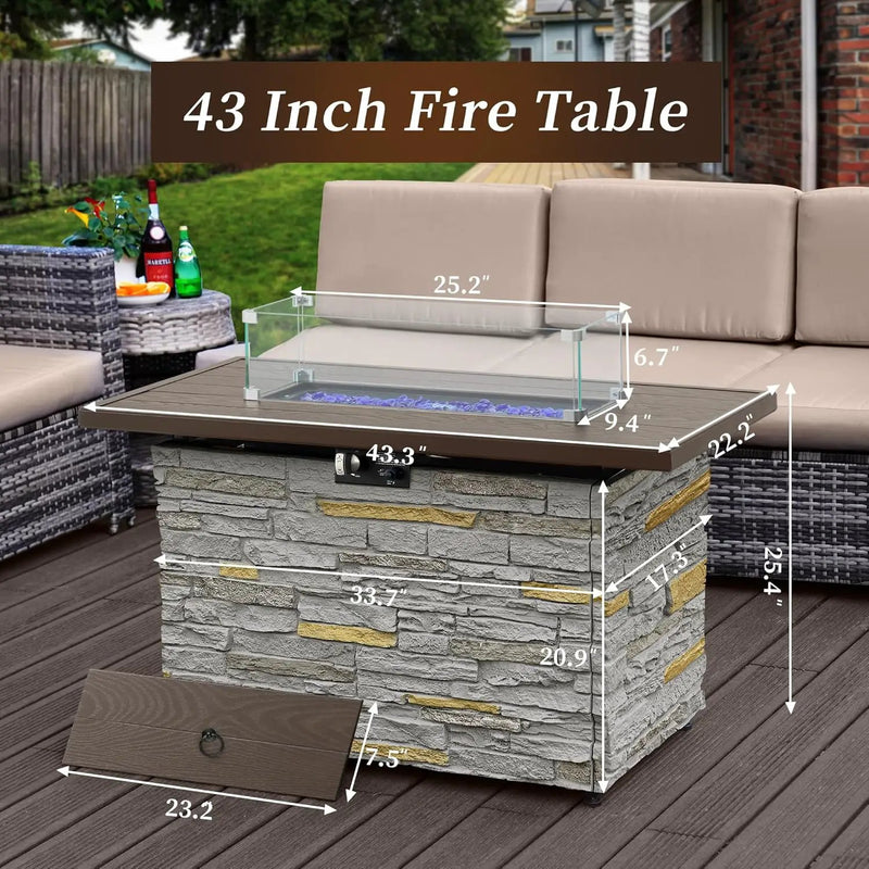 43¡± Propane Fire Pit Table Outdoor Rectangular Stone Firepit Table 50,000 Btu Propane Fire Tables for Outside Patio with Glass Wind Guard, Lid, Fire Glass Beads,Brown Rock Look by GreenHaven Gardens