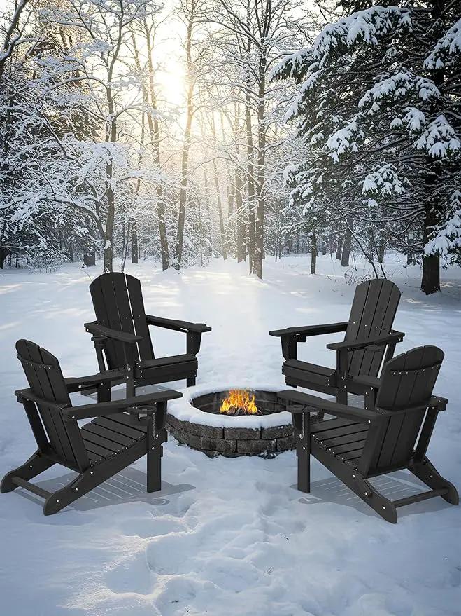 KINGYES Folding Adirondack Chair Set of 2, Dual Cup Holders & All-Weather HDPE, Wood-Like Patio Chair for Backyard, Camping, Pool & Fire Pit, Black by GreenHaven Gardens