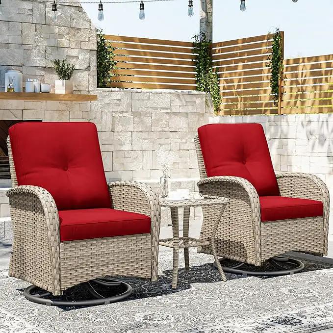 Joyside Outdoor Swivel Rocker Chairs, 3 Piece Wicker Patio Set with Thick Cushion and Side Table, Rattan Patio Swivel Rocking Chairs for Porch, Deck Use (Natural/Red, 3 PCS) by GreenHaven Gardens