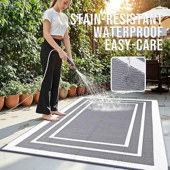 OLANLY Outdoor Rug 9x12 ft Waterproof, Reversible Outdoor Plastic Straw Rug, RV Mat, Indoor Outdoor Carpet Clearance for Patio, Camping, Balcony, Deck, Backyard, Grey & White by GreenHaven Gardens