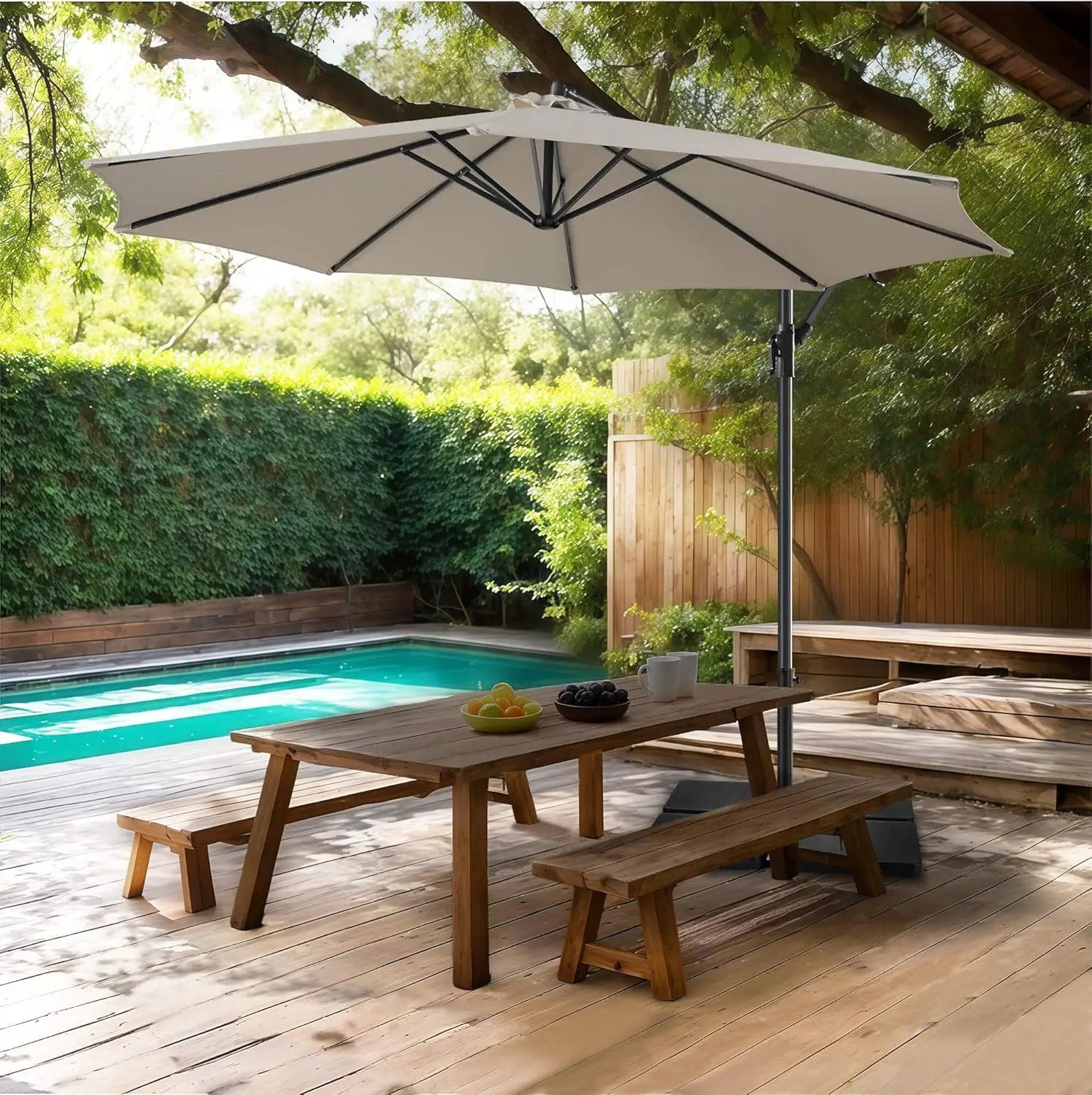 FLAME&SHADE 10ft Cantilever Patio Umbrella Outdoor, Large Offset Umbrella with Crank and Cross Base, UPF 50+ UV Protection Hanging Umbrella for Pool Deck Garden, Taupe by GreenHaven Gardens