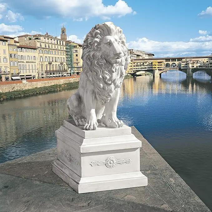 Design Toscano Lion of Florence Sentinel Statue (13 Inches Wide, 21 Inches Deep, 28 Inches High) and Classic Statuary Garden Plinth Base Riser, Large (15 Inches Wide,14 Inches Deep,15 Inches High) by GreenHaven Gardens
