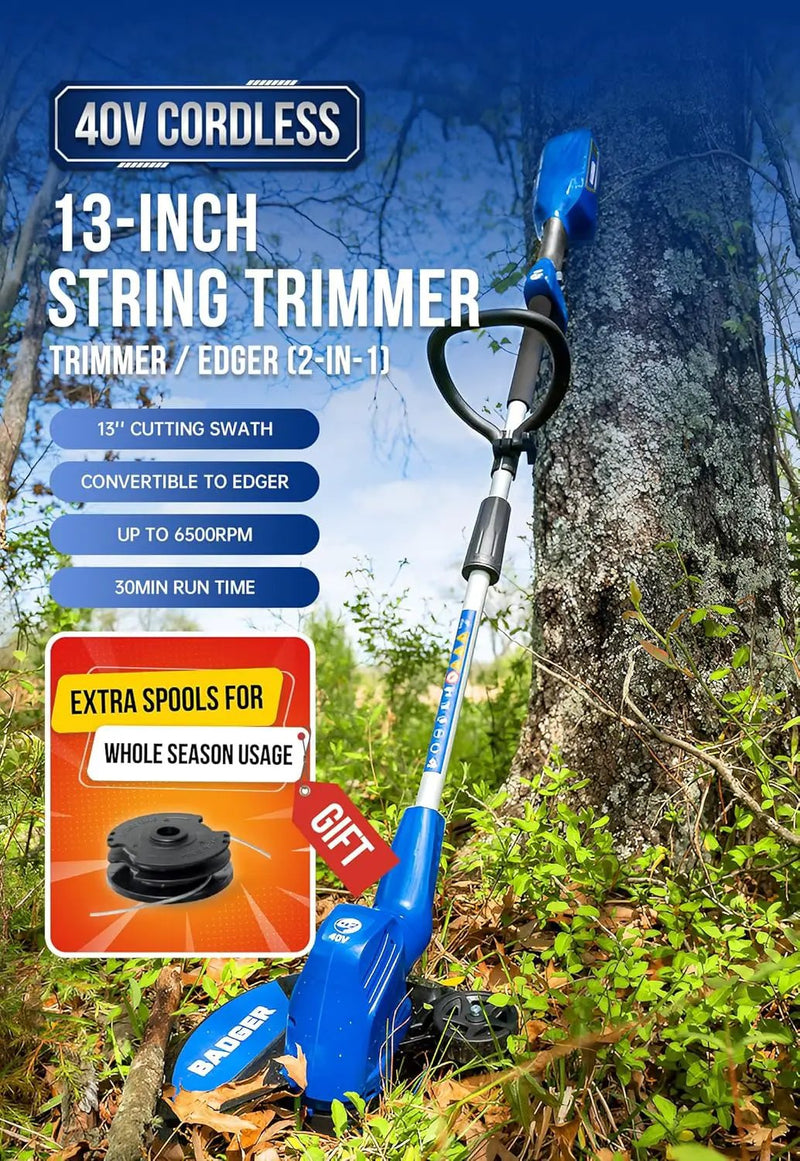 WILD BADGER POWER Weed Wacker 40V 13'' Cordless 2 in 1 String Trimmer/Edger with Auto Feed, 2.0Ah Battery and Charger, 2 Pack Trimmer Line by GreenHaven Gardens