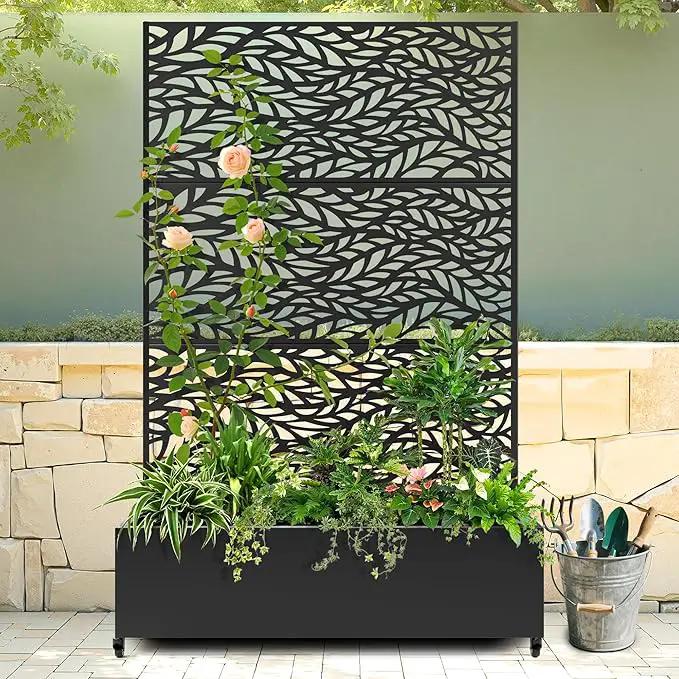 Raised Garden Bed with Trellis and Wheels,73"x47"x16" Metal Raised Garden Bed,Black Flowing Leaf Metal Planter with Climbing Trellis for Vines & Vegetables by GreenHaven Gardens