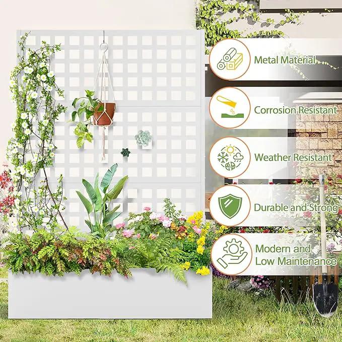 Metal Raised Garden Bed, Trellis Planters Bed with Drainage Holes for Climbing Plants, Vegetables Outdoor Privacy Screen with Planter Box 73"x47"x16", White by GreenHaven Gardens