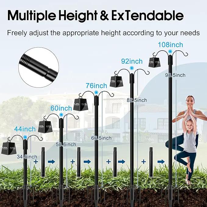 Ottsuls Bird Feeder Pole, 2 Pack 108 INCH Double Shepherds Hooks for Outdoor, with 5 Base Prongs Heavy Duty Tall Garden Planter Hooks for Hanging Flower Basket, Lantern, Hummingbird Feeder by GreenHaven Gardens