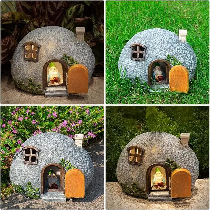 mopha Garden House Statues, Funny Gnomes Fairy Garden Lights Figurine,Mini Gnome Resin Solar Powered Outdoor Decor Patio Yard Lawn Ornament Decoration by GreenHaven Gardens