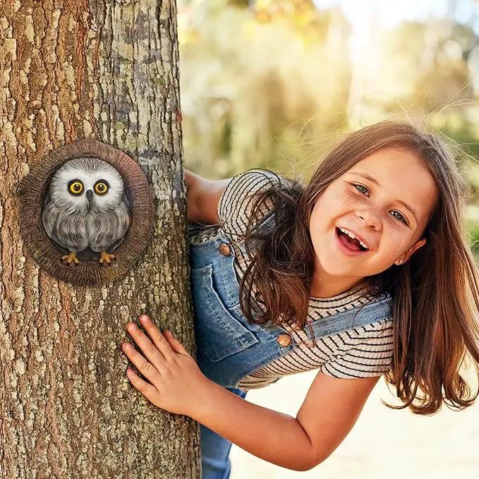 Baby Owl Resin Tree Face, Owlet Tree Hugger, Outdoor Sculpture for Tree Decorations, Whimsical Owl Garden Ornament, Tree Statue Peeker, Patio Yard Lawn Porch Decor, Durable & Waterproof Garden Present by GreenHaven Gardens