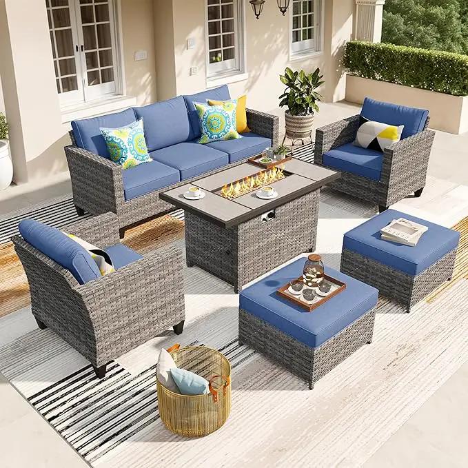 ovios 6 Pieces Patio Furniture Set with 42" Fire Pit Table, Outdoor Wicker Sofa with Comfy Cushions, All Weather High Back Rattan Couch Conversation Set, Denim Blue by GreenHaven Gardens