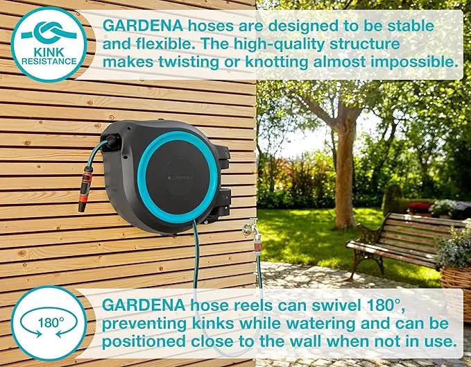 GARDENA (18630) Retractable Garden Hose Reel 115' x 1/2" Wall Mounted, Automatic Retraction & Length Lock for Easy Watering. Heavy Duty Swivel Bracket 180°, Includes Nozzle. Made in Europe by GreenHaven Gardens