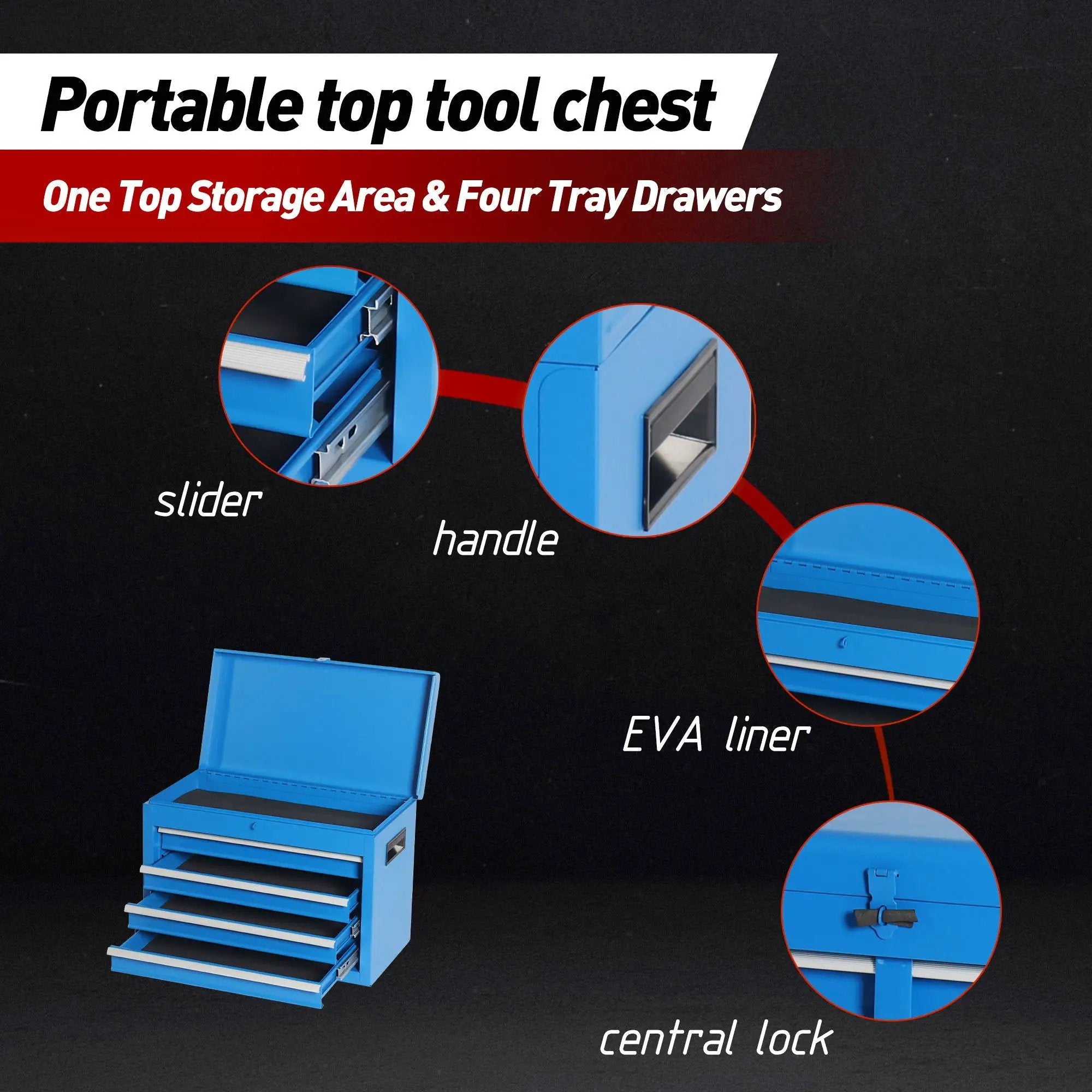 Tool Chest, 5 Drawer Rolling Tool Storage Cabinet With Detachable Top Tool Box, Liner, Universal Lockable Wheels, Adjustable Shelf, Locking Mechanism, Metal Tool Cart For Garage Workshop by HouseOfZazla