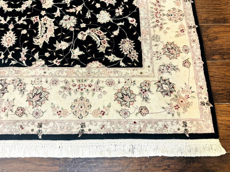 Sino Persian Rug 6x9, Black and Ivory, Wool and Silk Highlights, Handmade by Jewel Rugs
