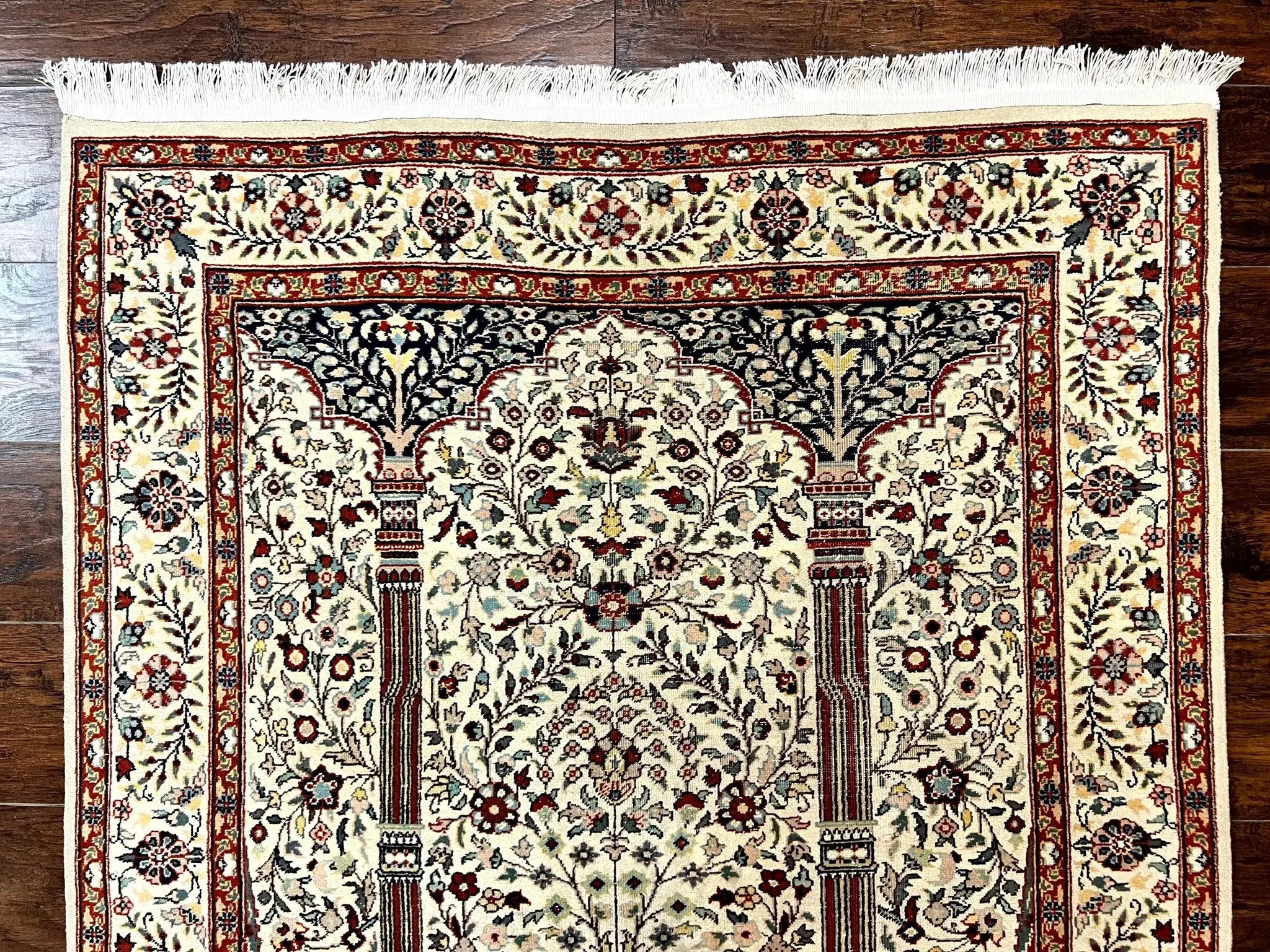 Pak Perisan Prayer Rug 4x6, Tree of LIfe Carpet, Handmade Vintage Wool Rug, Beige, Floral Vases by Jewel Rugs