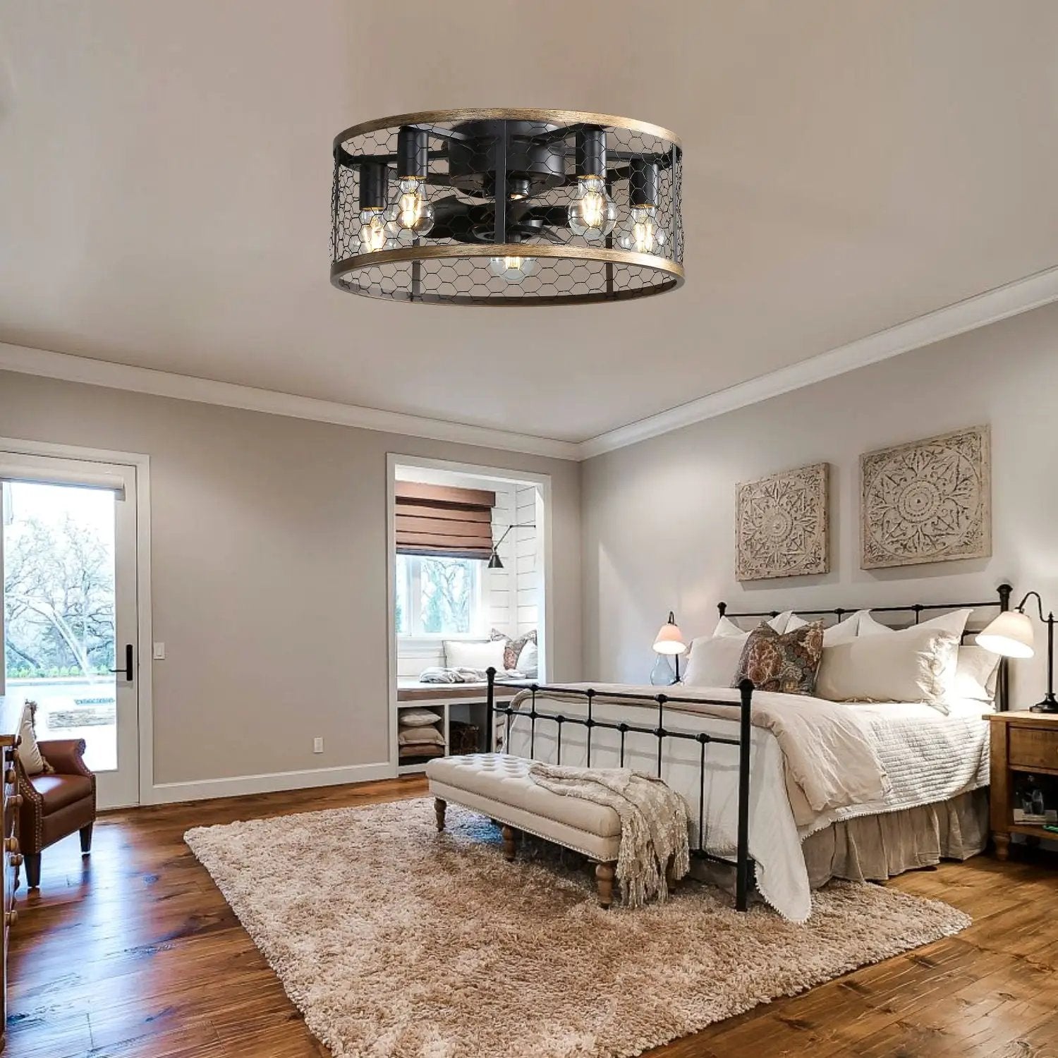 20" Industrial Caged Ceiling Fan, With 7 - ABS Blades Remote Control Reversible DC Motor, Small Flush Mount Ceiling Fan For Farmhouse - Black by Unique Piece Furniture