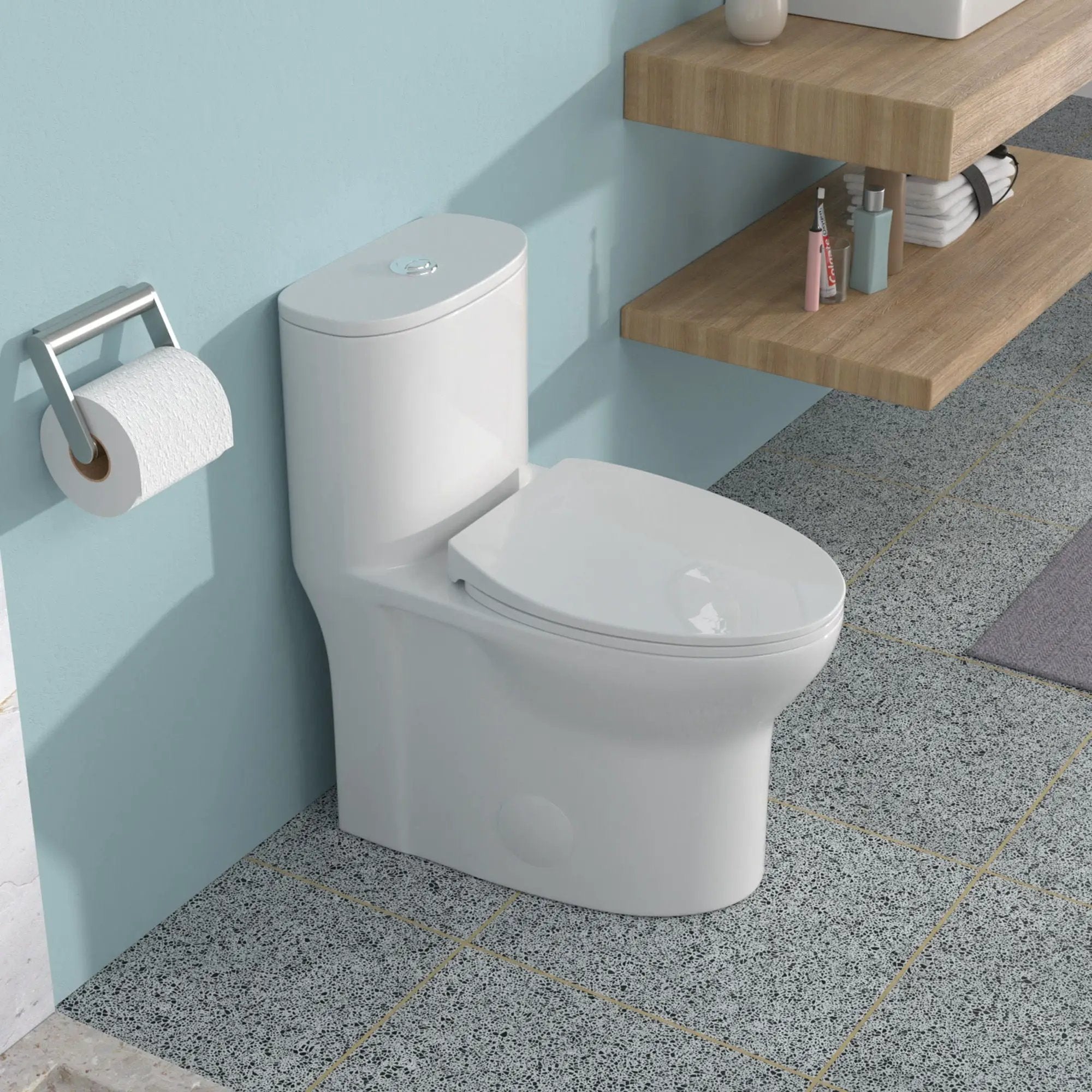1 Piece Toilet For Bathroom, Dual Flush, Soft Closing Seat - White by HouseOfZazla