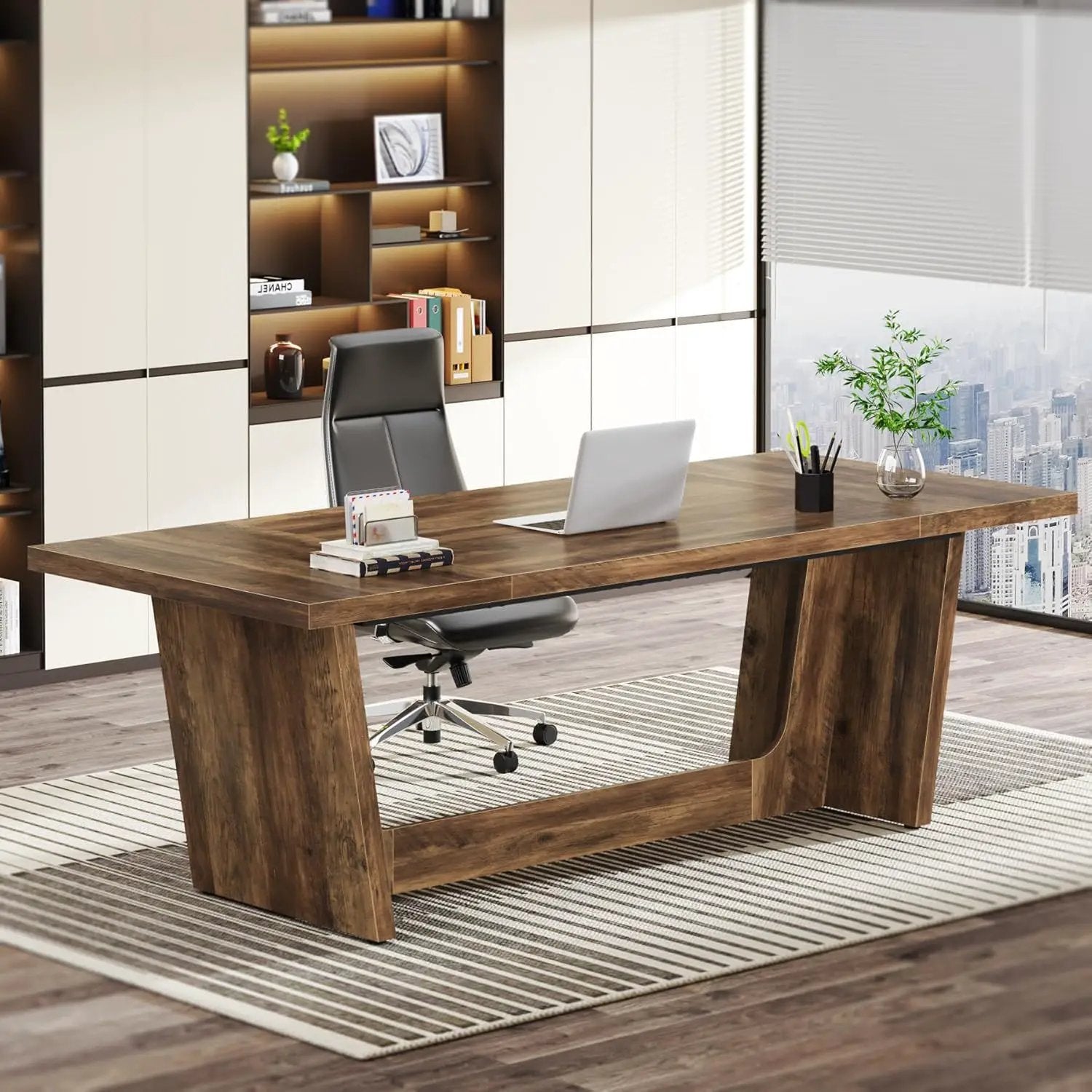 Executive Desk For Home Office, Computer Table With Pedestal, Large Writing Workstation - Brown by HouseOfZazla