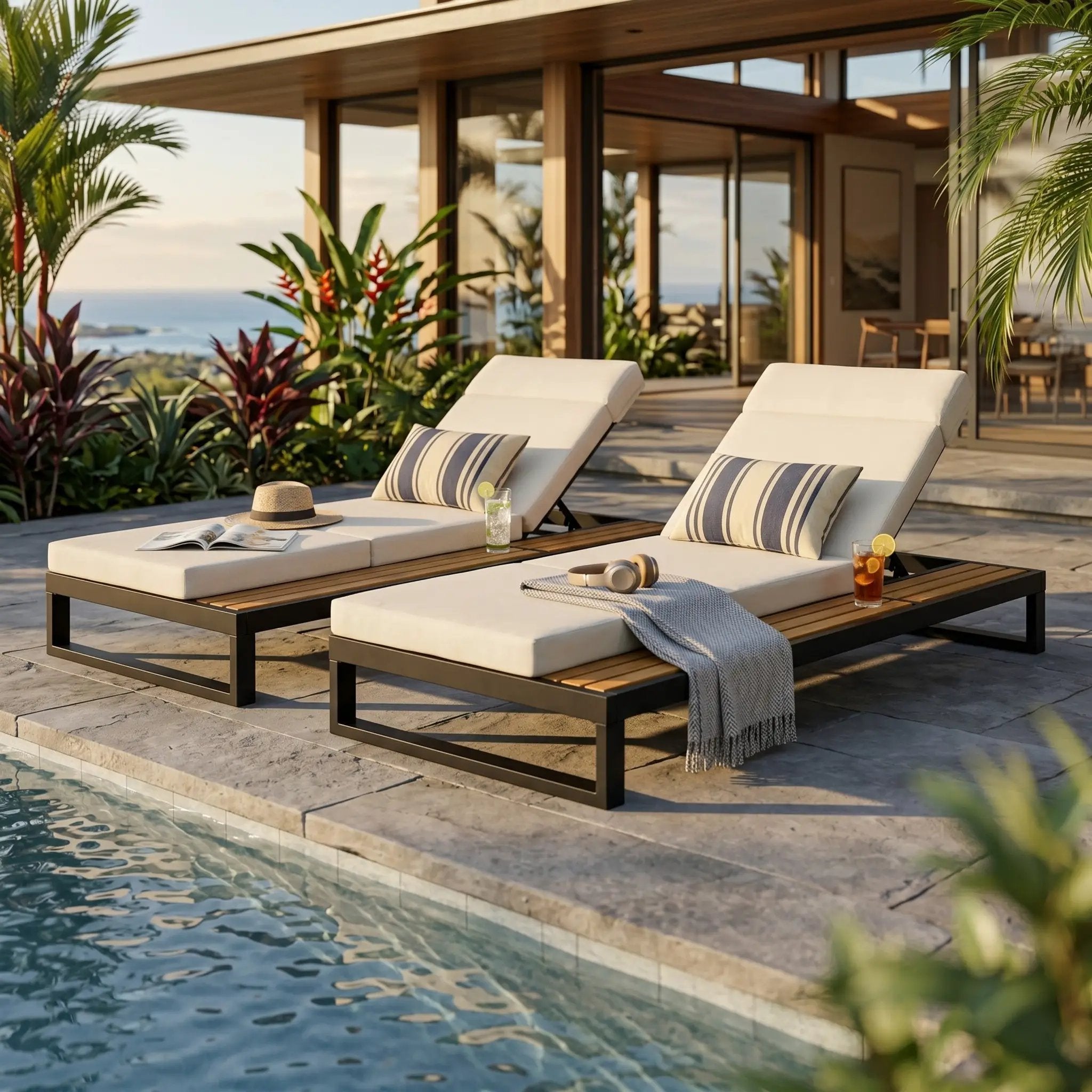 Black Iron & Teak Finish Chaise Lounge Set by HouseOfZazla