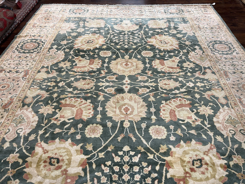 Egyptian Mahal Rug 10x14, Large Vintage Floral Hand Knotted Wool Carpet 10 x 14, Dark Green and Beige Traditional Handmade Persian Area Rug by Jewel Rugs