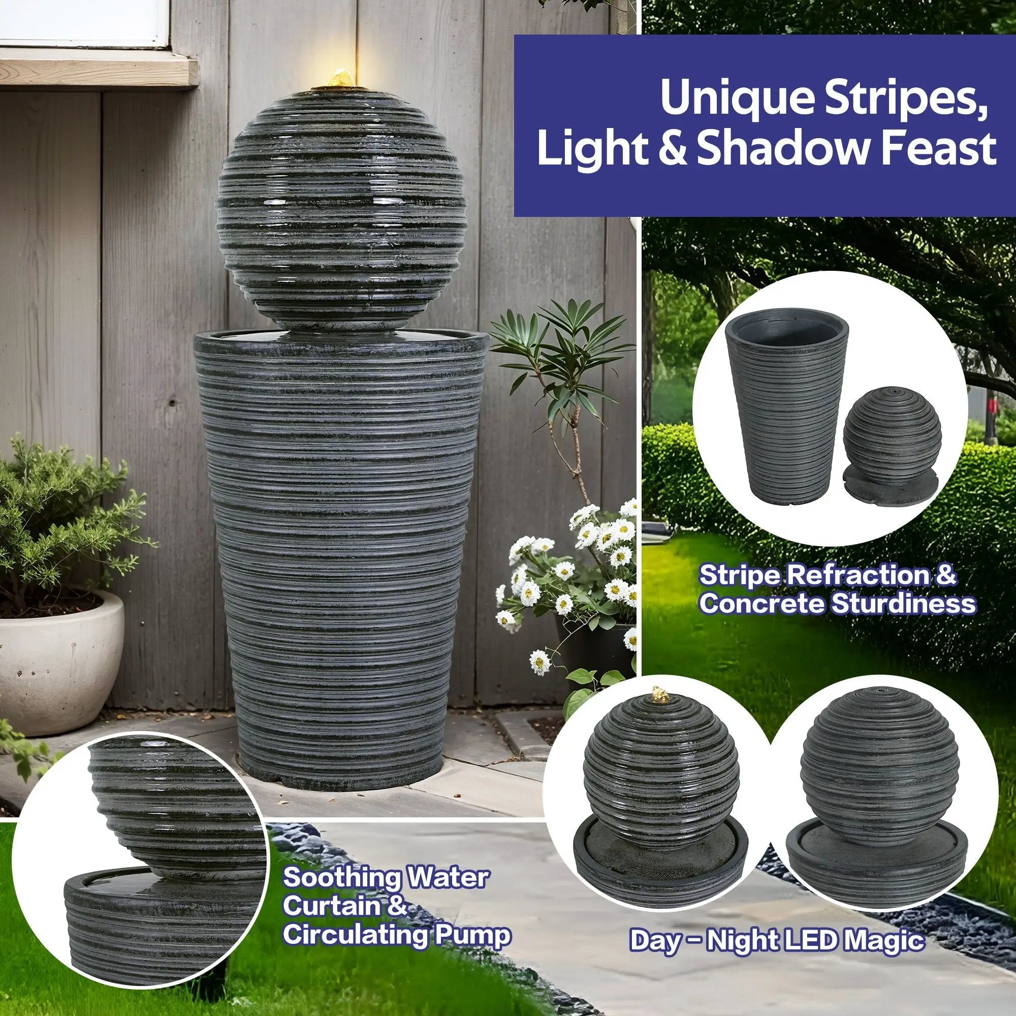 31.5" Tall Striped Column Fountain With LED Light Design For Outdoor Spaces - Gray by HouseOfZazla
