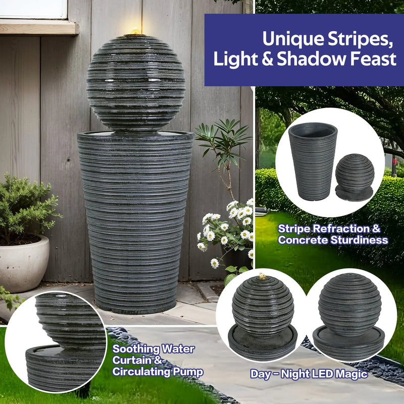 31.5" Tall Striped Column Fountain With LED Light Design For Outdoor Spaces - Gray by HouseOfZazla